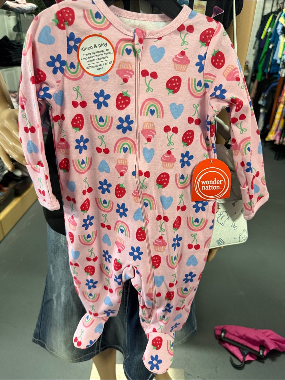 wonder nation Pink Strawberry & Rainbow Footed Pajamas One-Piece